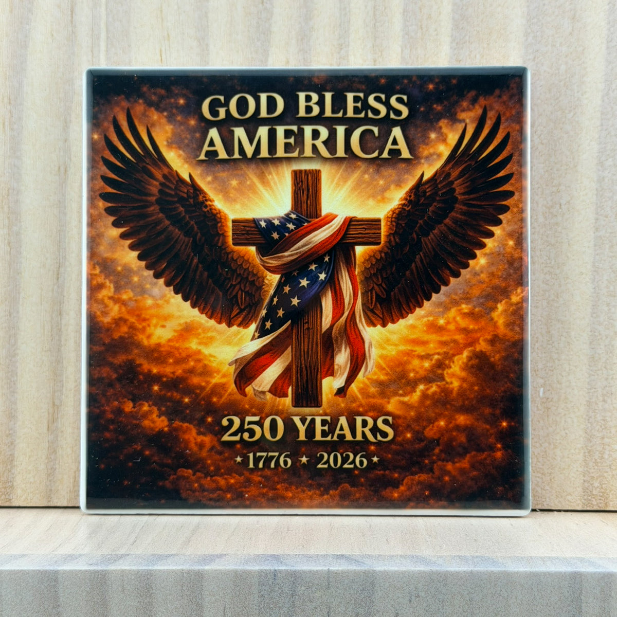 America 250 Ceramic Coaster - with a drink, in use