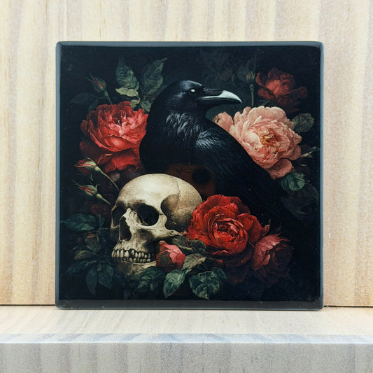 Gothic Ceramic Coaster - Raven & Roses Dark