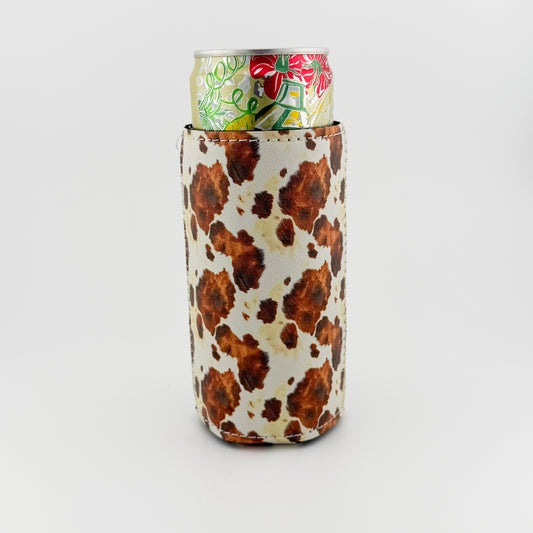 Back of cowhide print leatherette can cooler