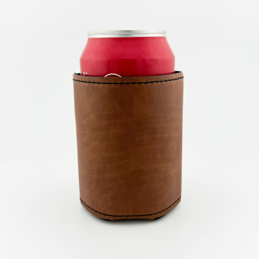 Back of light brown leatherette can cooler
