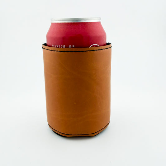 Back of tan leatherette can cooler