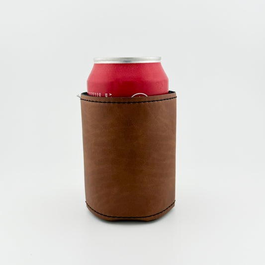 Back of light brown leatherette can cooler