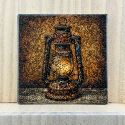 Rustic Farmhouse Ceramic Coaster - Vintage Lantern