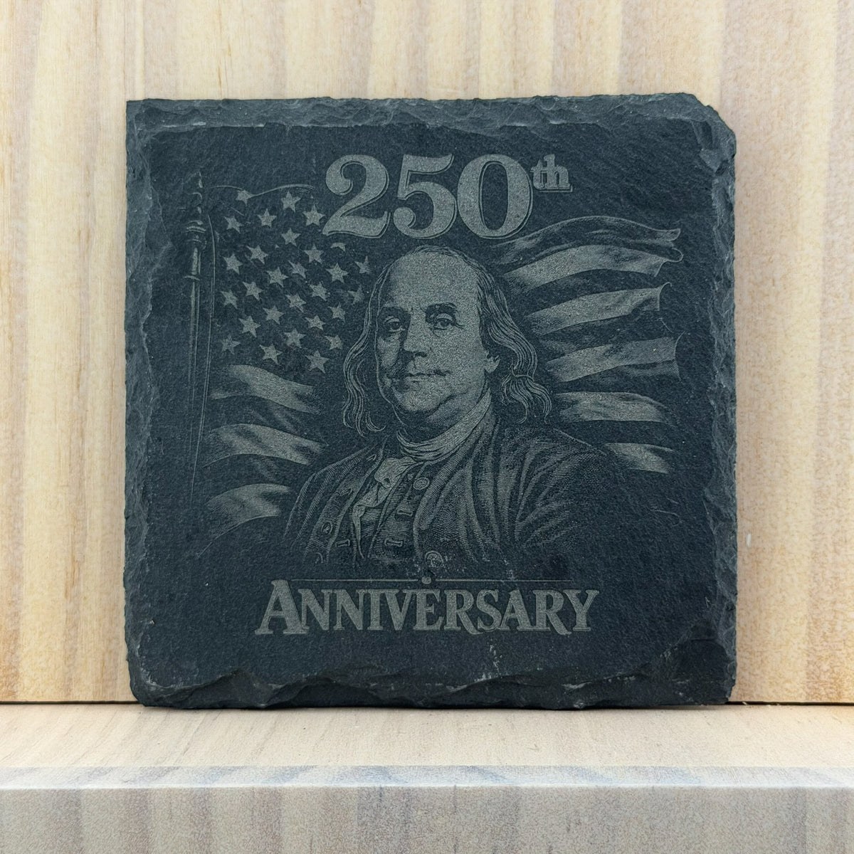 America 250 Engraved Slate Coaster - Ben Franklin 250th