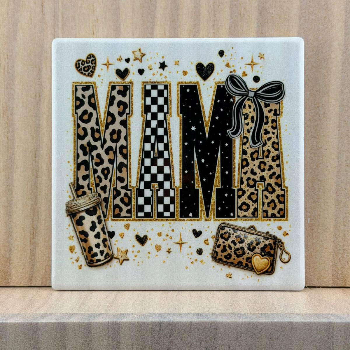 Mama Ceramic Coaster - Leopard Checkered Mama