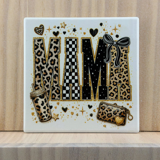 Mama Ceramic Coaster - Leopard Checkered Mama