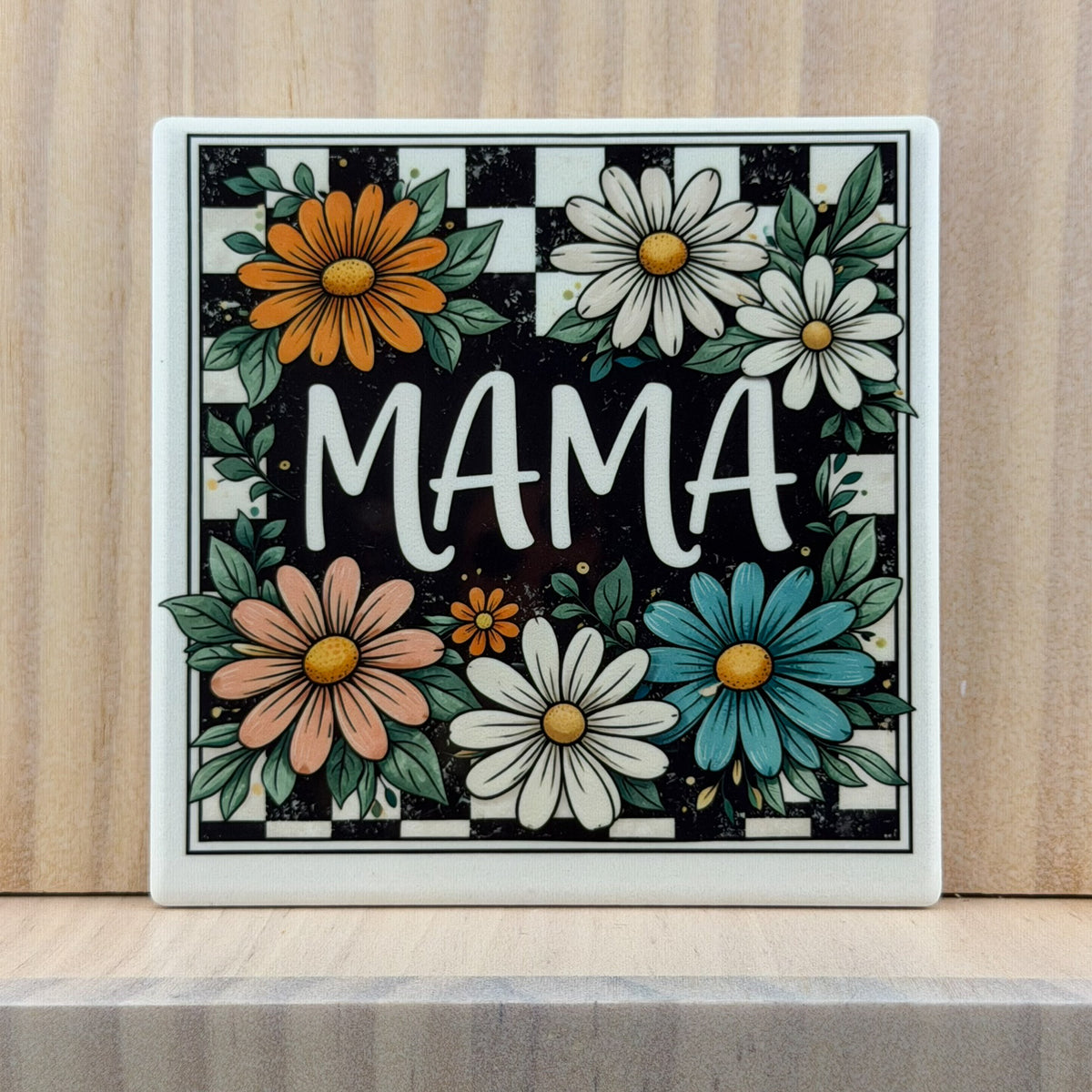 Mama Ceramic Coaster - Daisy Checkered Mama