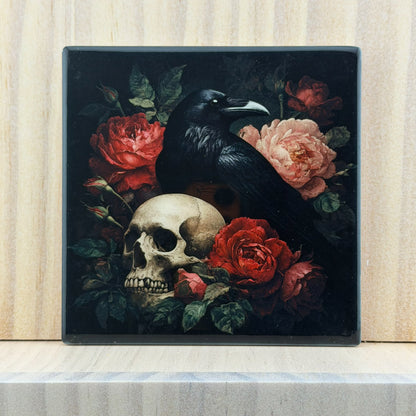 Gothic Ceramic Coaster - Raven & Roses Dark