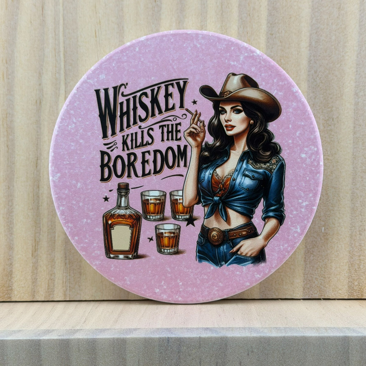 Retro Sass Ceramic Coaster - Whiskey Kills the Boredom (Round)