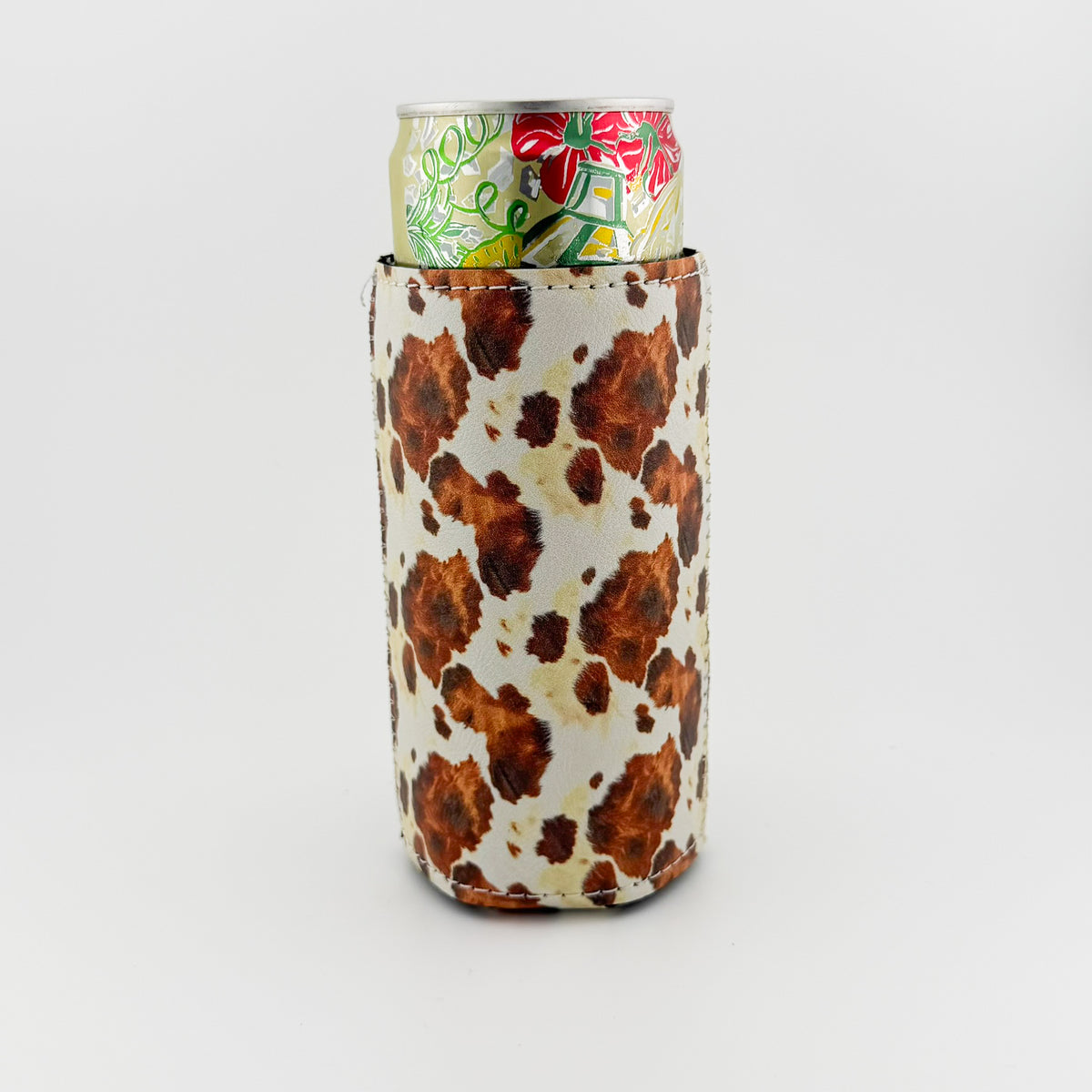 Back of cowhide print leatherette can cooler