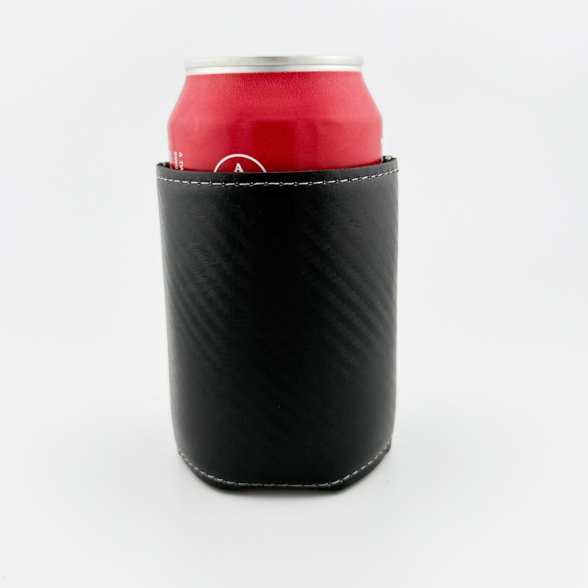Back of black carbon fiber leatherette can cooler