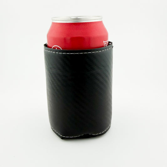 Back of black carbon fiber leatherette can cooler