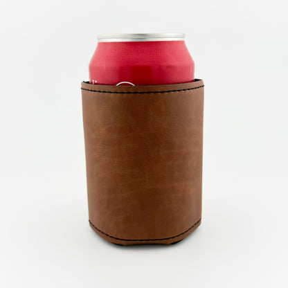 Back of light brown leatherette can cooler