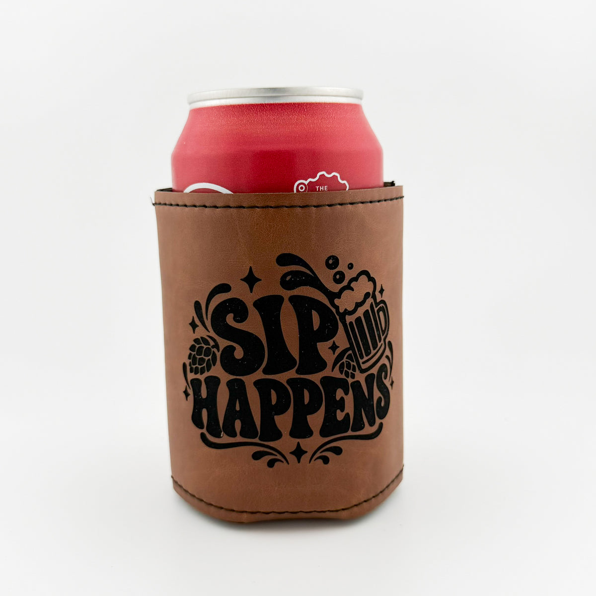 Sip Happens engraved light brown leatherette can cooler