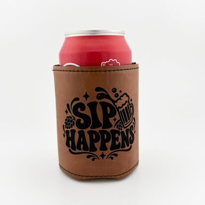 Sip Happens engraved light brown leatherette can cooler