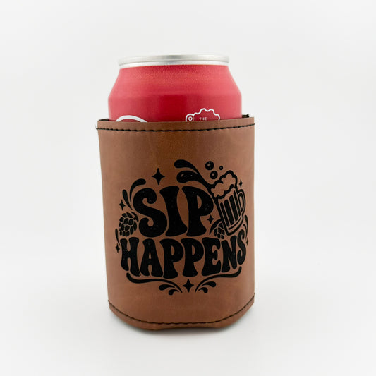 Sip Happens engraved light brown leatherette can cooler