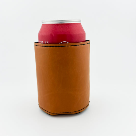 Back of tan leatherette can cooler