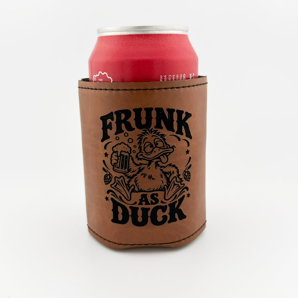 Frunk as Duck engraved light brown leatherette can cooler