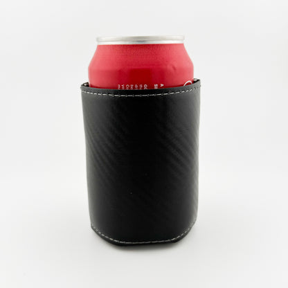 Back of black carbon fiber leatherette can cooler