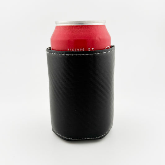 Back of black carbon fiber leatherette can cooler