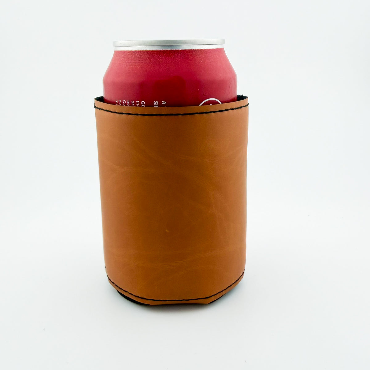 Back of tan leatherette can cooler
