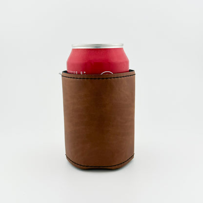 Back of light brown leatherette can cooler