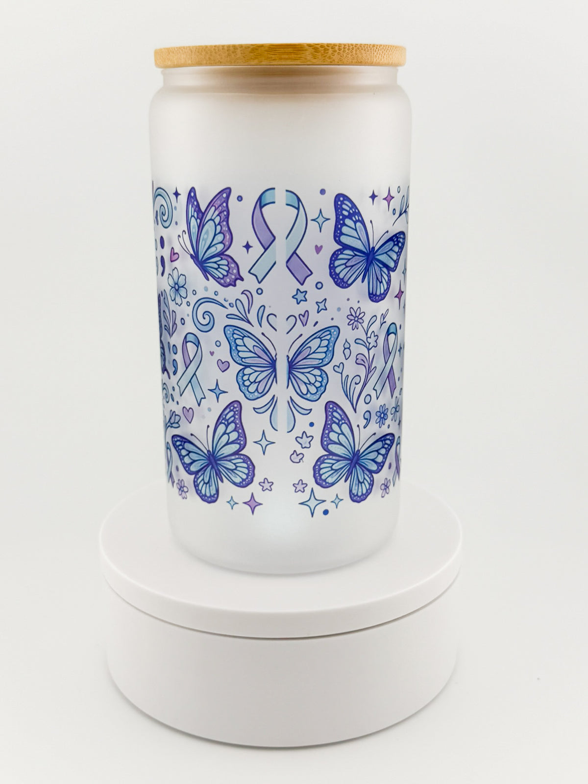 Stay; Tomorrow Needs You frosted glass can, back with butterflies and ribbons