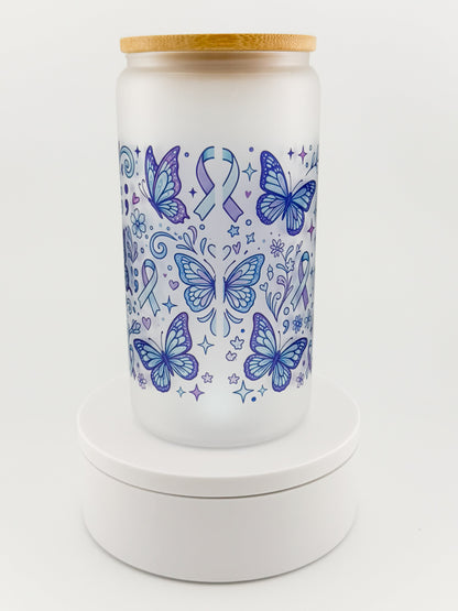 Stay; Tomorrow Needs You frosted glass can, back with butterflies and ribbons