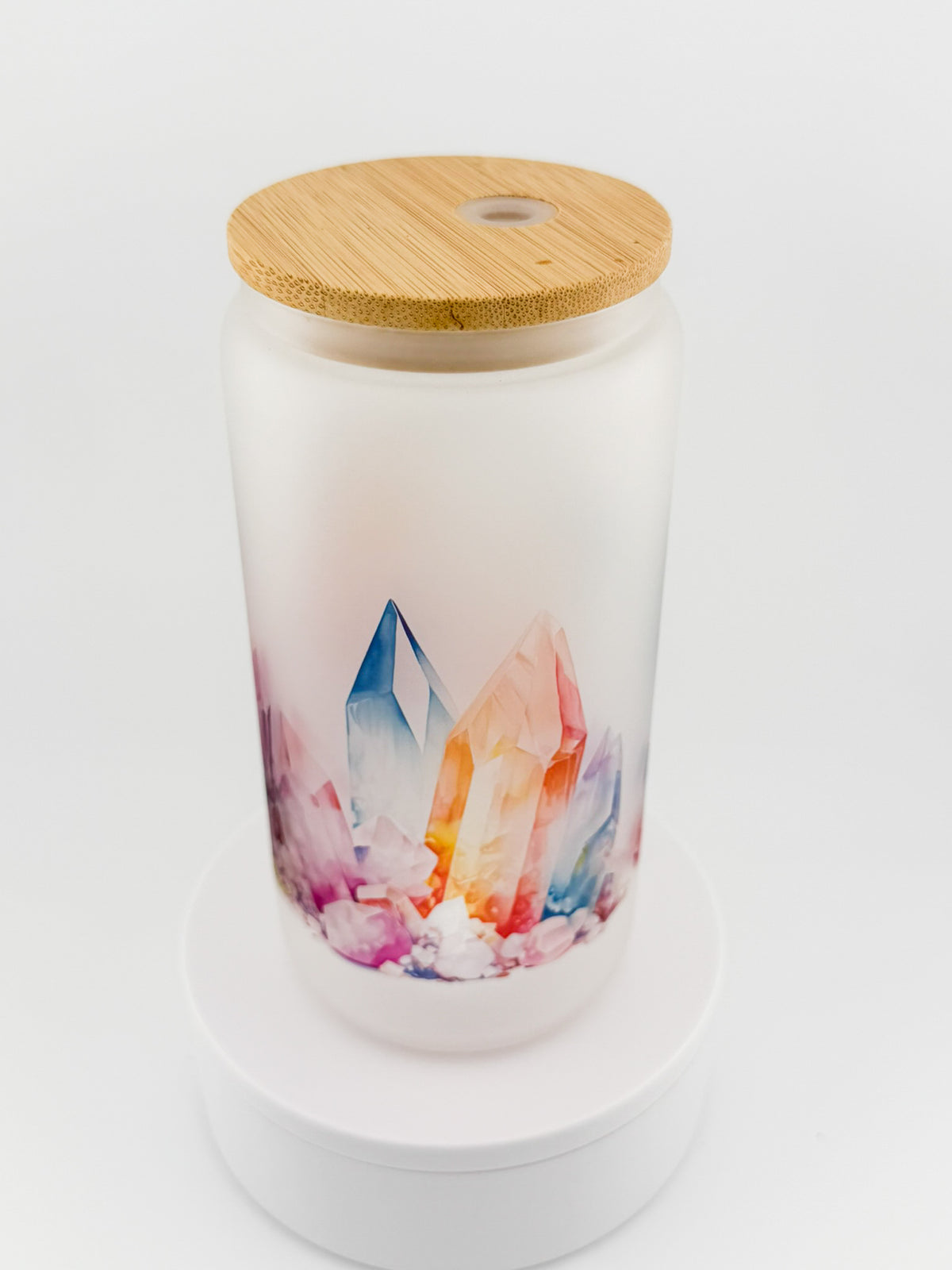 Frosted glass can with bamboo lid example