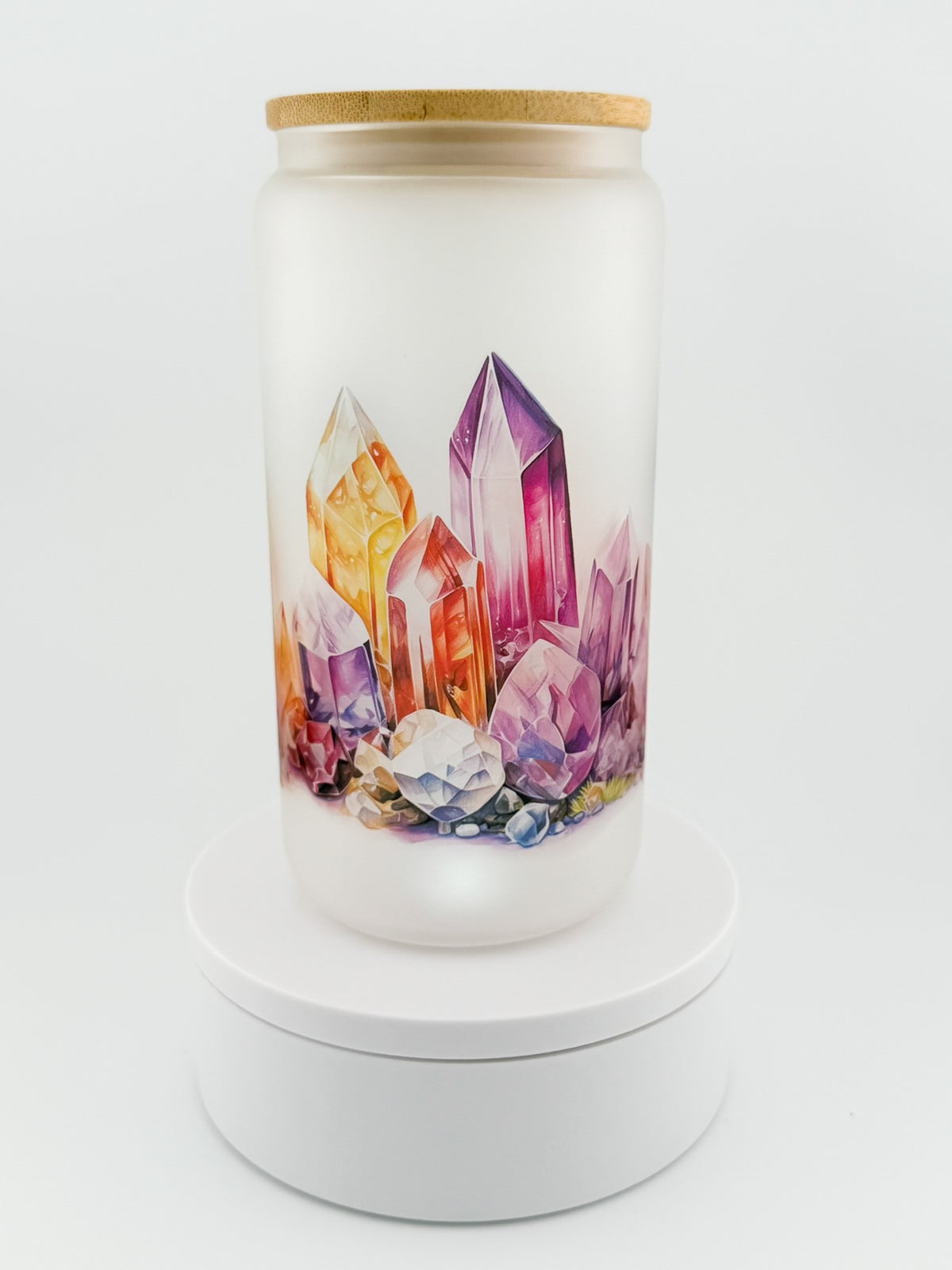 Watercolor Crystals frosted glass can, front