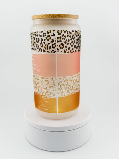 But First Coffee Leopard frosted glass can, back with leopard and brush strokes
