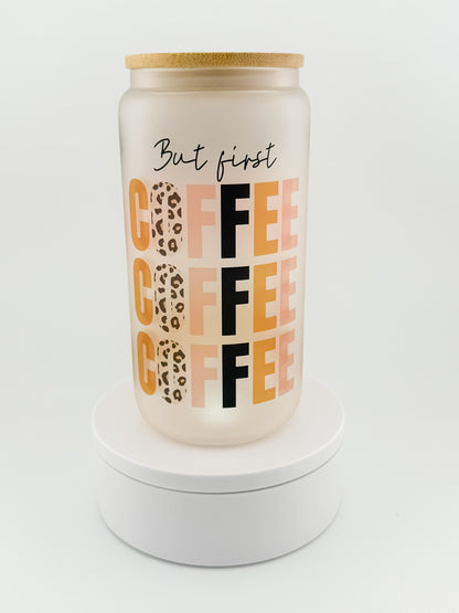 But First Coffee Leopard frosted glass can, front