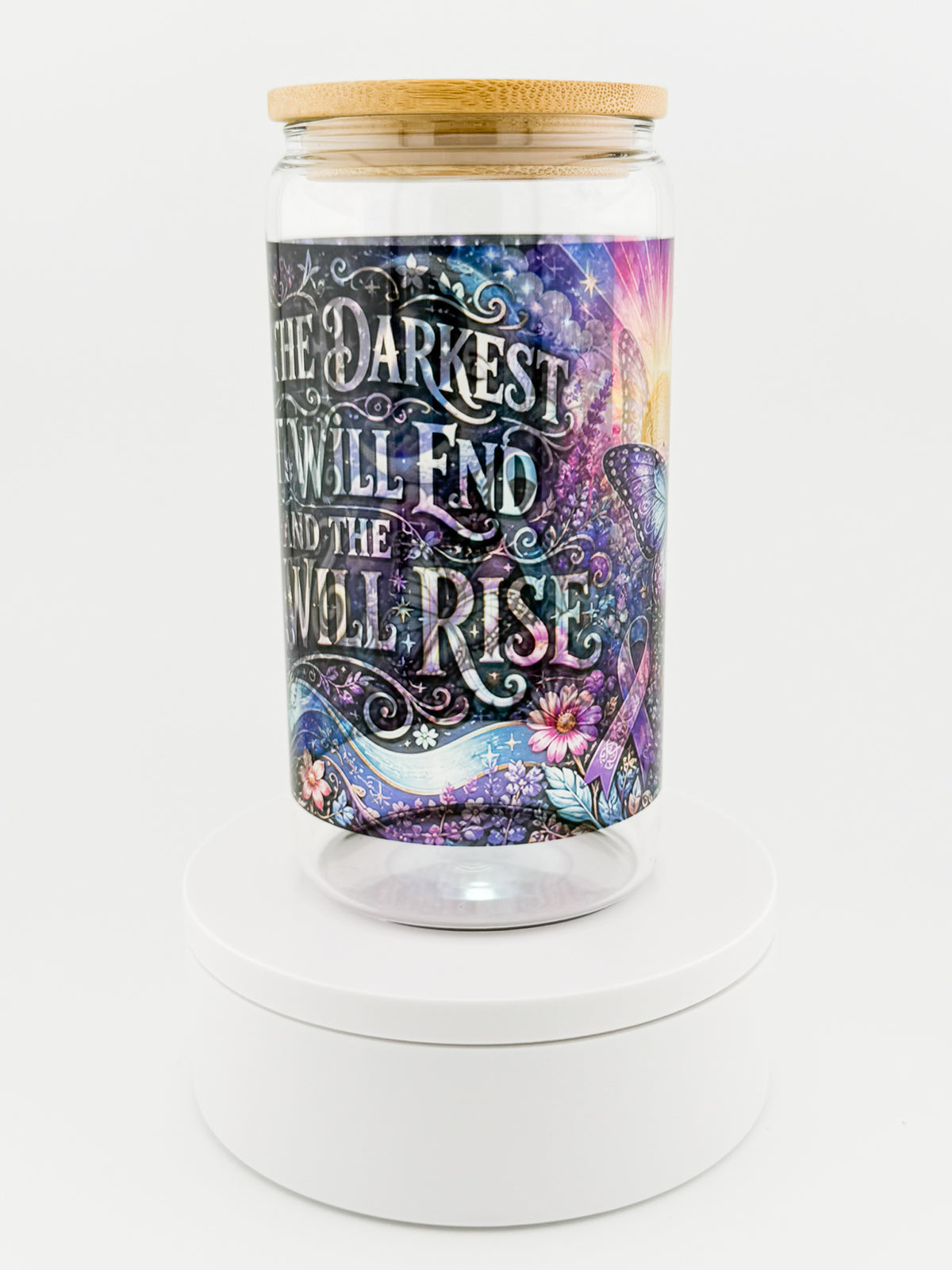 Even the Darkest Night Will End clear glass can, alternate front