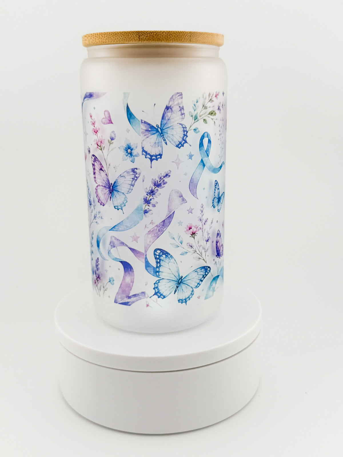 You Are Loved, Needed, Enough frosted glass can, back with butterflies and ribbons
