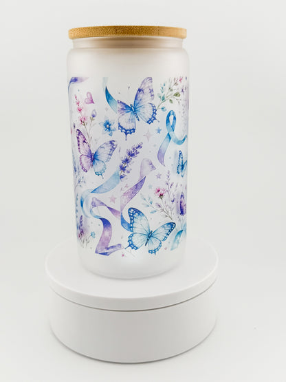 You Are Loved, Needed, Enough frosted glass can, back with butterflies and ribbons