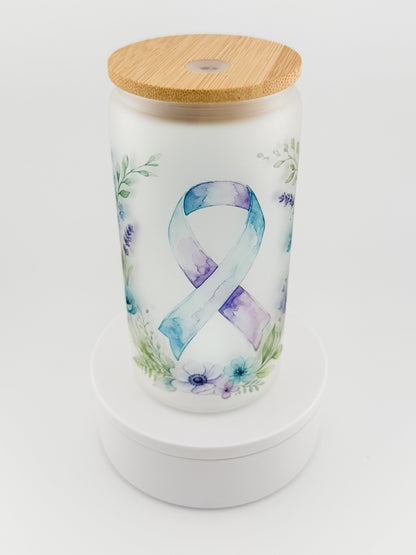 Awareness Ribbon Floral frosted glass can, angled view with bamboo lid