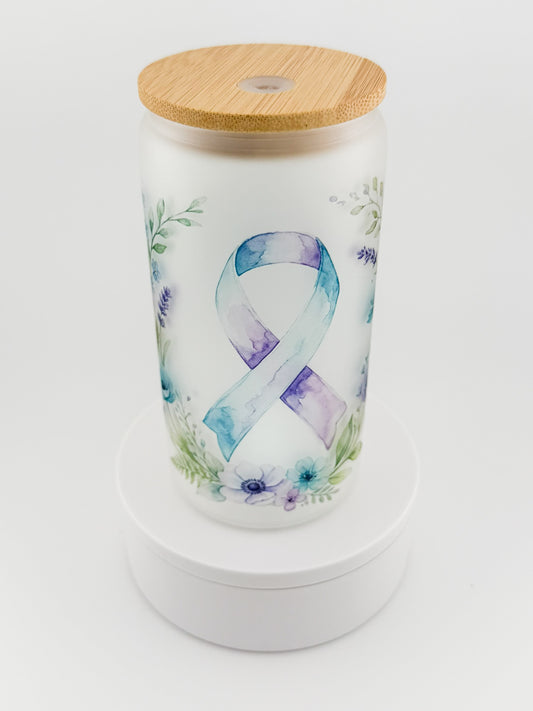 Awareness Ribbon Floral frosted glass can, angled view with bamboo lid