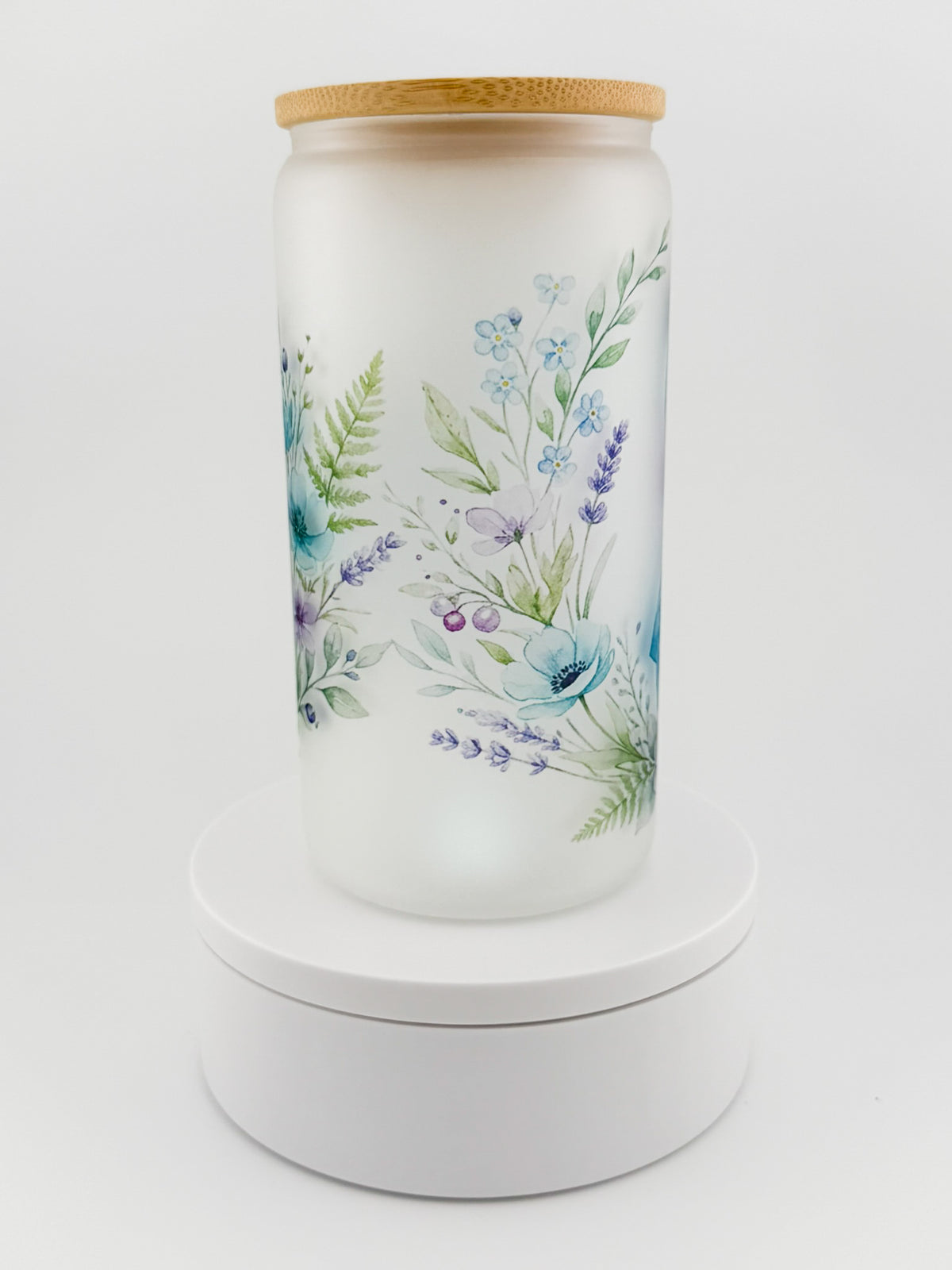 Awareness Ribbon Floral frosted glass can, side with wildflowers
