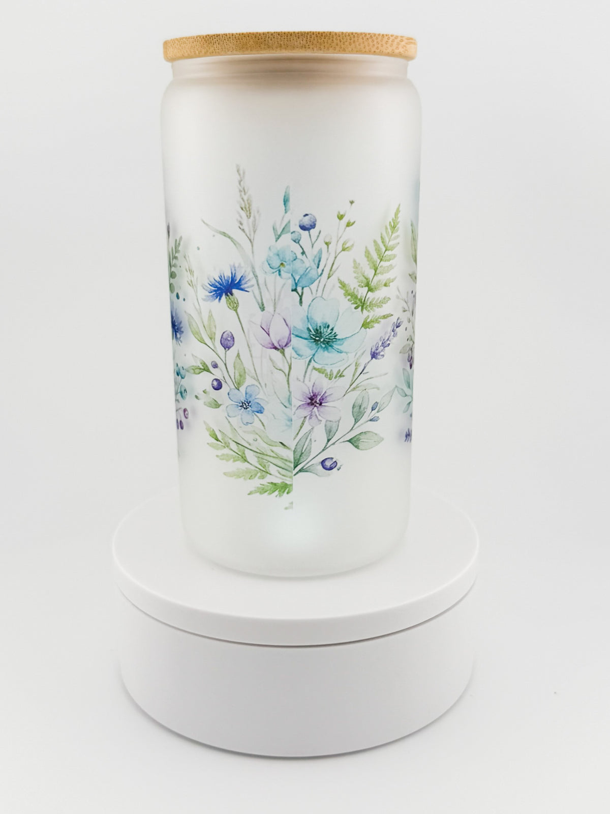 Awareness Ribbon Floral frosted glass can, back with wildflowers