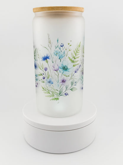 Awareness Ribbon Floral frosted glass can, back with wildflowers