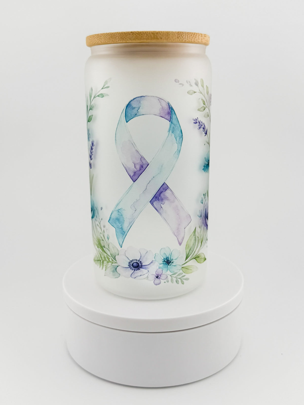 Awareness Ribbon Floral frosted glass can, front