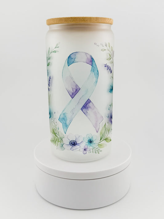 Awareness Ribbon Floral frosted glass can, front