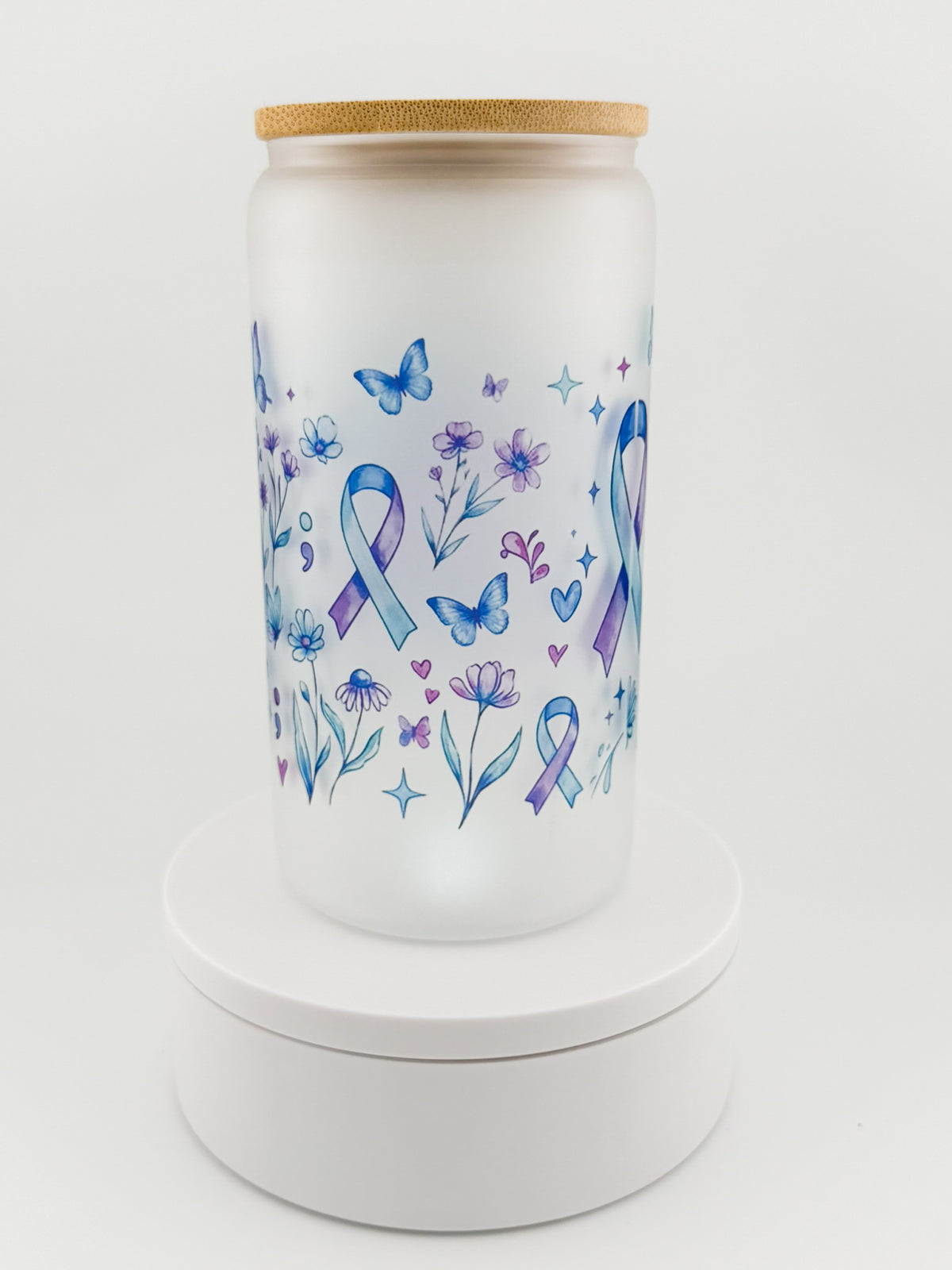 Your Story Is Not Over frosted glass can, back with ribbons and butterflies