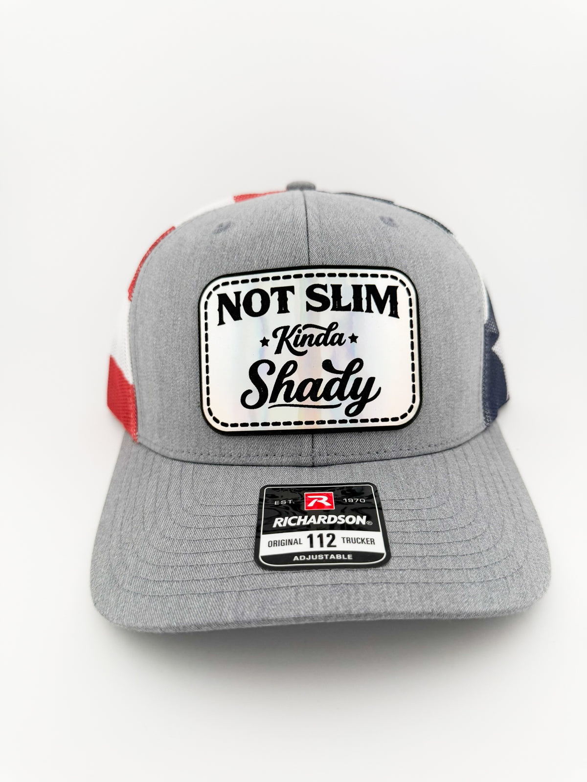 Not Slim Kinda Shady holographic patch on heather grey trucker hat with American flag mesh