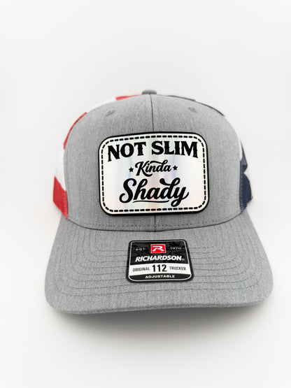 Not Slim Kinda Shady holographic patch on heather grey trucker hat with American flag mesh
