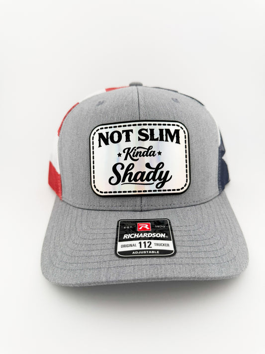 Not Slim Kinda Shady holographic patch on heather grey trucker hat with American flag mesh