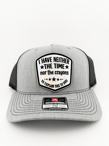 Neither the Time nor the Crayons holographic patch hat, front view