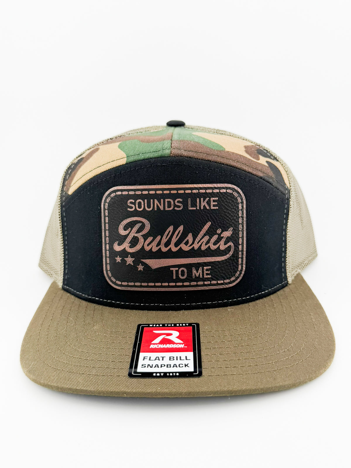 Sounds Like Bullshit to Me leatherette patch hat, front view