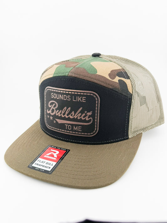 Sounds Like Bullshit to Me camo Richardson 168 7-panel trucker hat, angled view